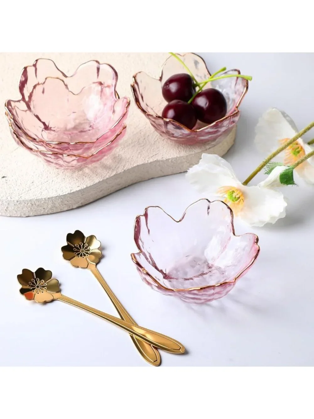 Set of 8 Pink Cherry Blossom Bowls & Flower Spoons - Japanese Crystal Appetizer